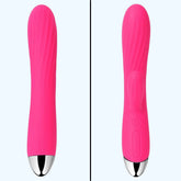 Two images of the SVAKOM Angel Flexible Warming Rabbit Vibrator by Svakom, displayed side by side. The left image showcases its textured, wavy design, while the right reveals the front with power buttons and a small protruding clitoral stimulator.